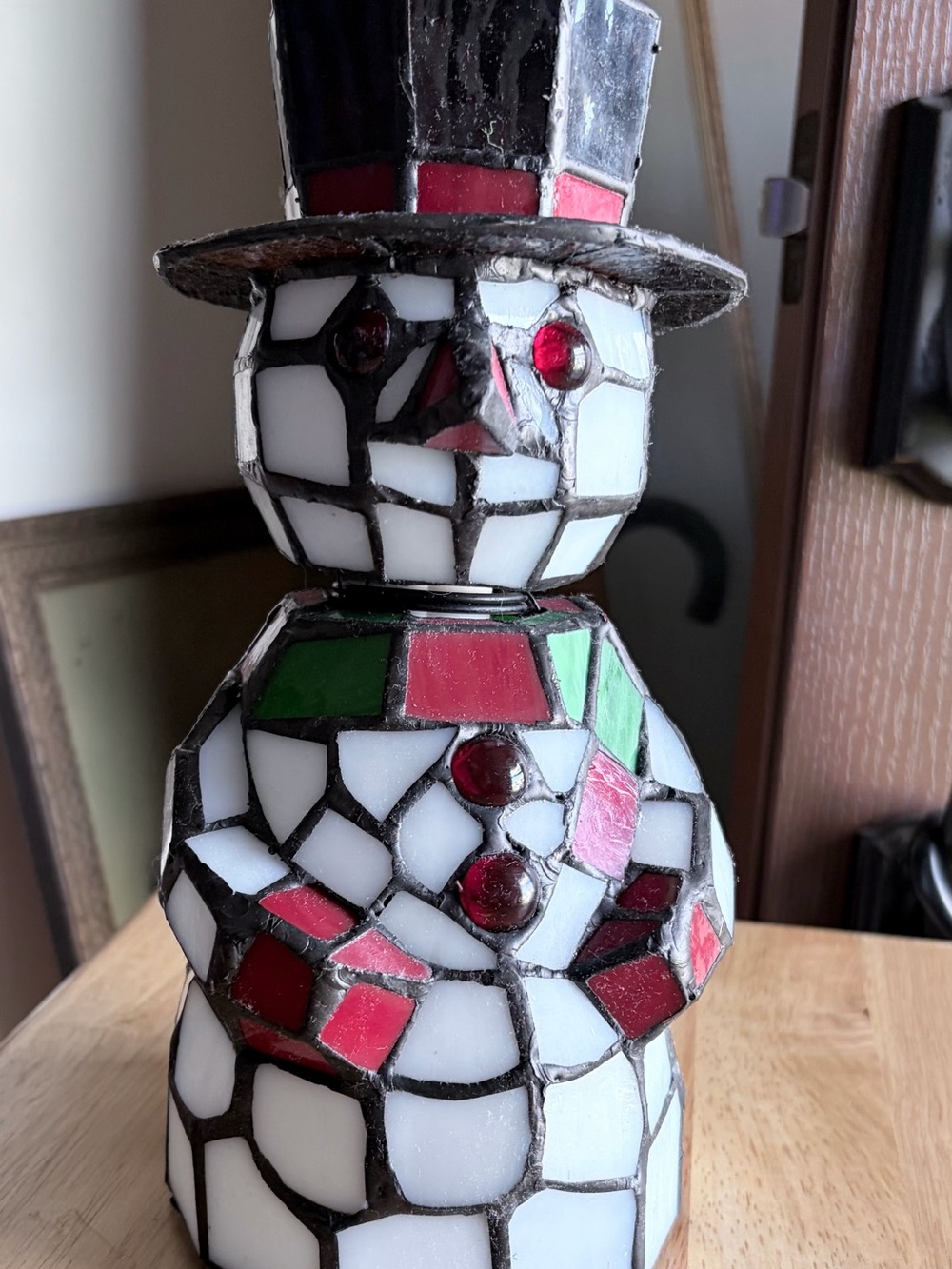 Handcrafted Mosaic Glass Snowman Holiday Lamp- White, Red, Green